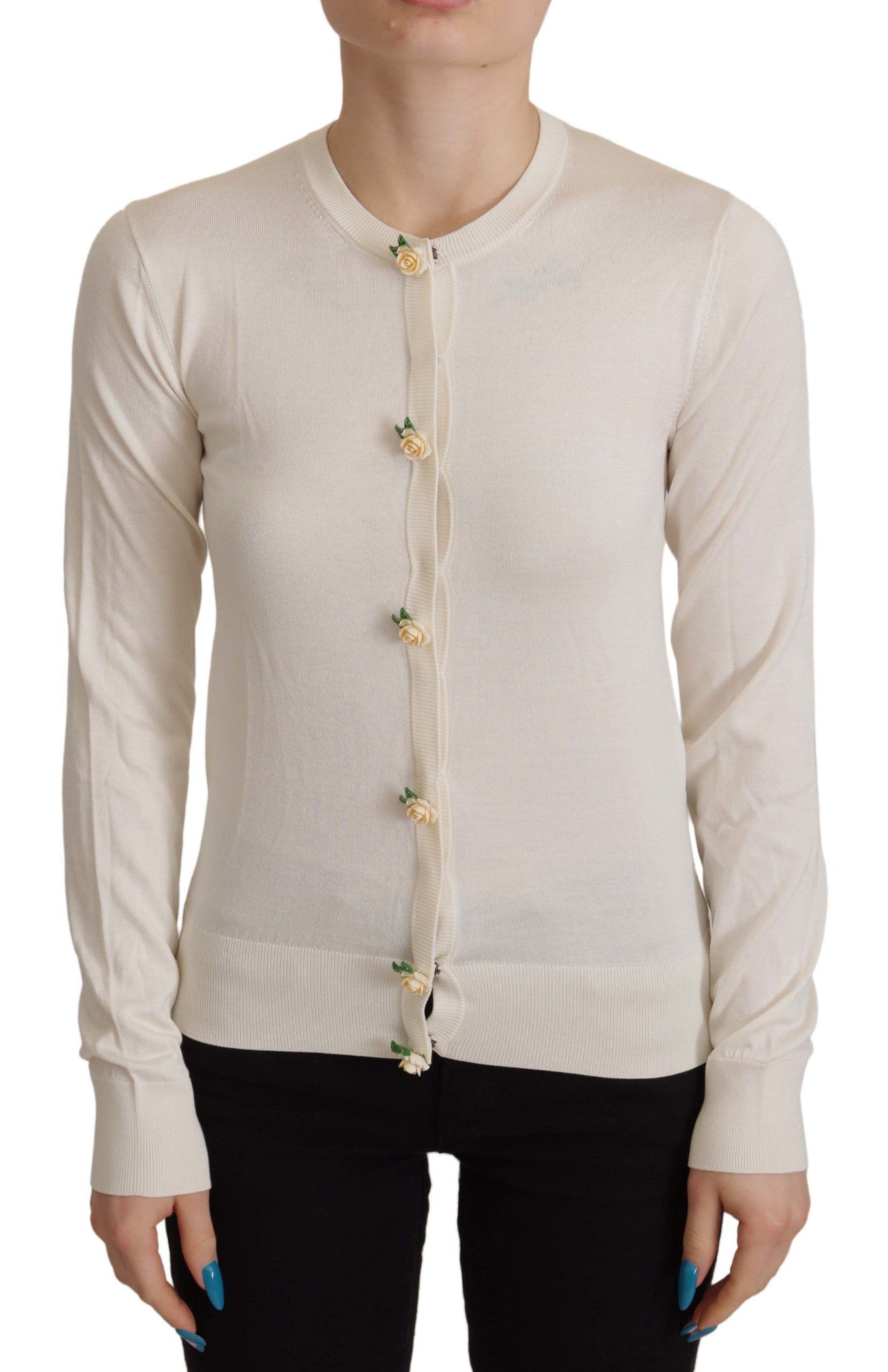 Dolce & Gabbana White Silk Knit Rose Button Cardigan Sweater