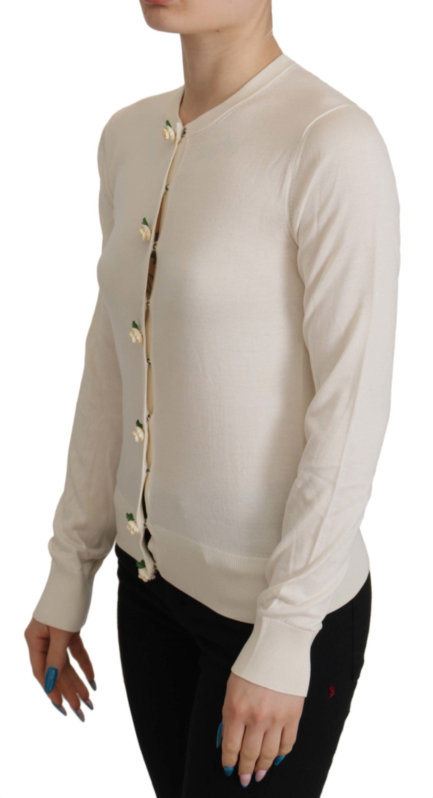 Dolce & Gabbana White Silk Knit Rose Button Cardigan Sweater