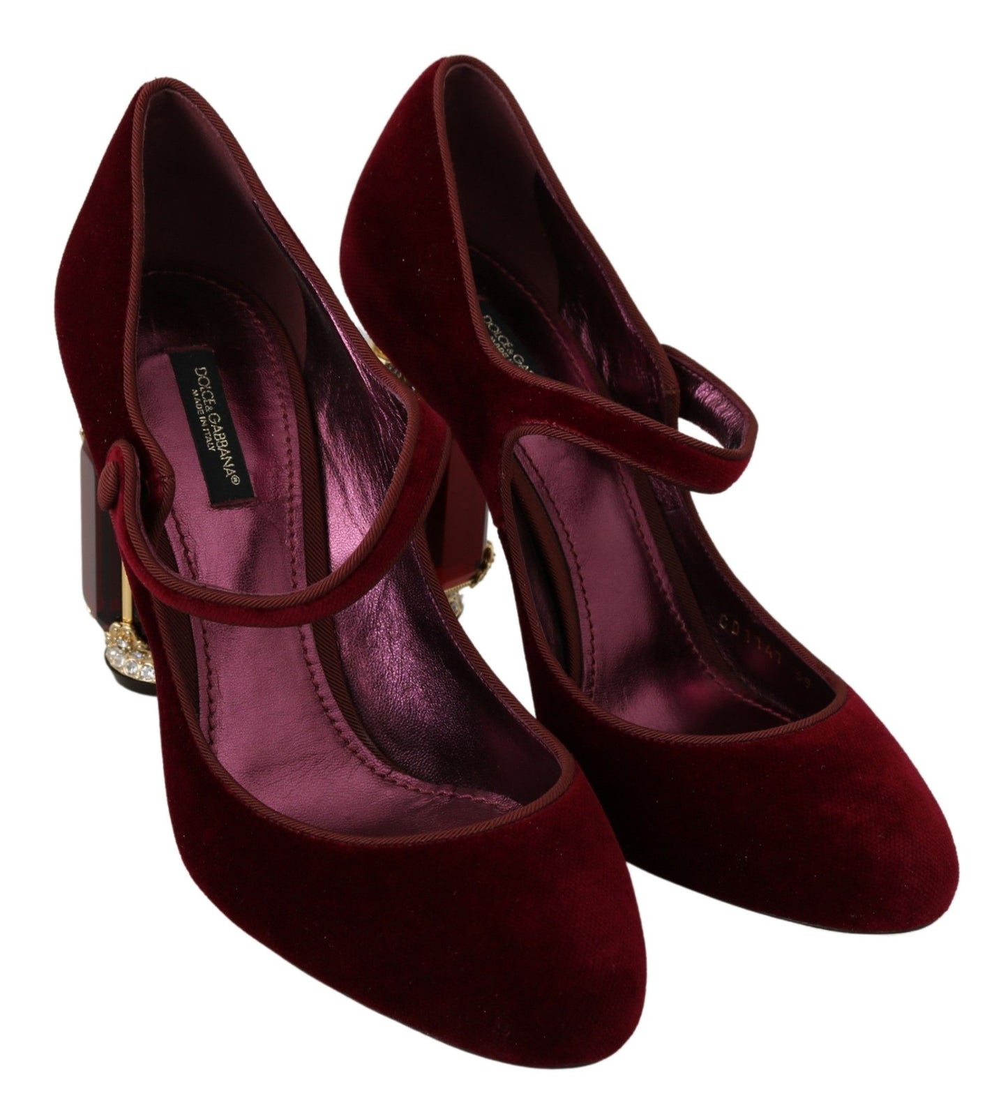 Dolce & Gabbana Red Velvet Crystal-Embellished Mary Janes Heels