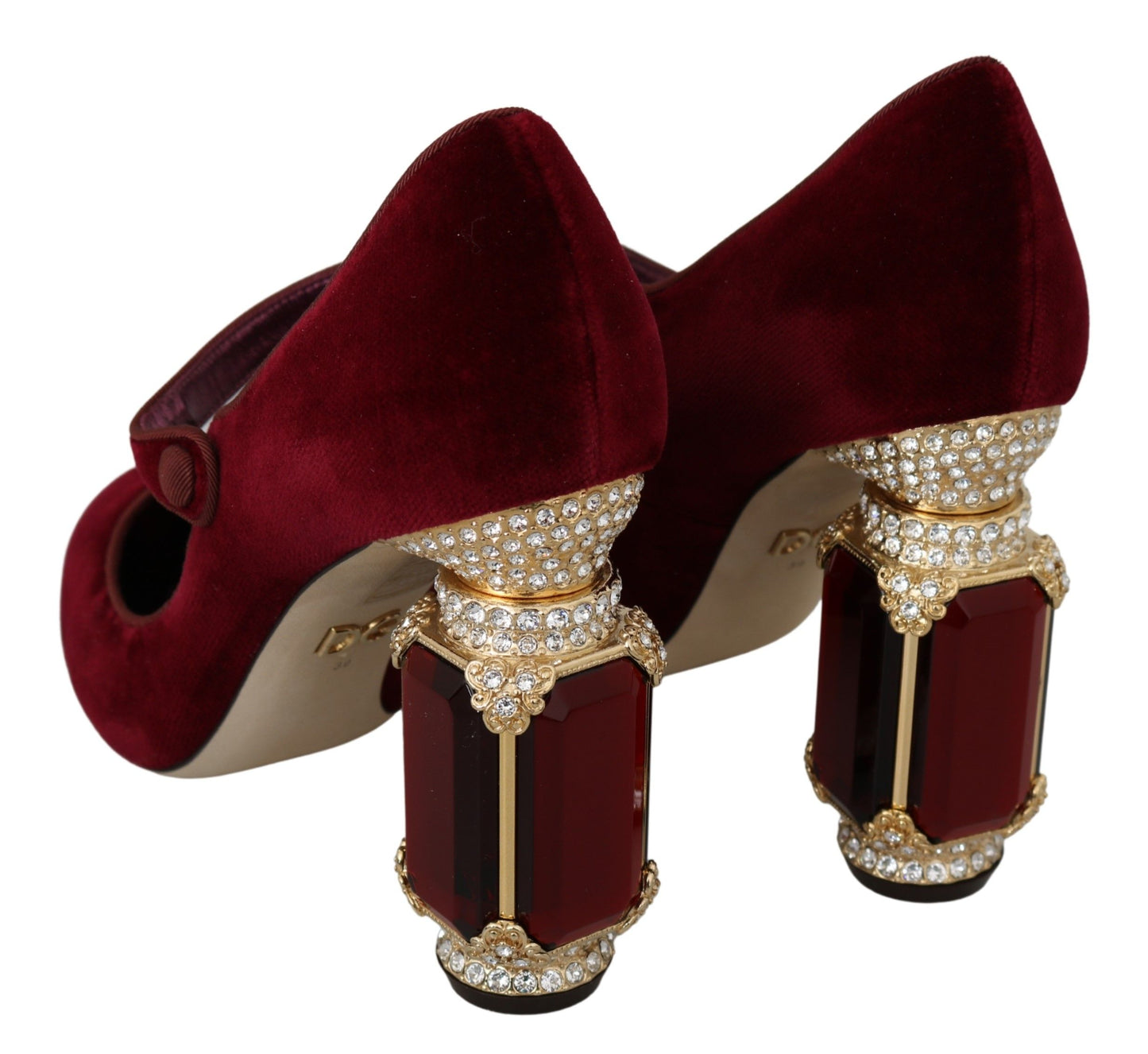 Dolce & Gabbana Red Velvet Crystal-Embellished Mary Janes Heels