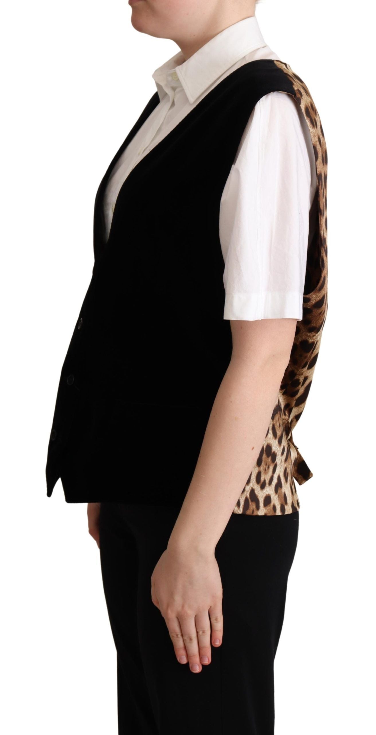 Dolce & Gabbana Black Cotton Leopard Print Waistcoat Vest