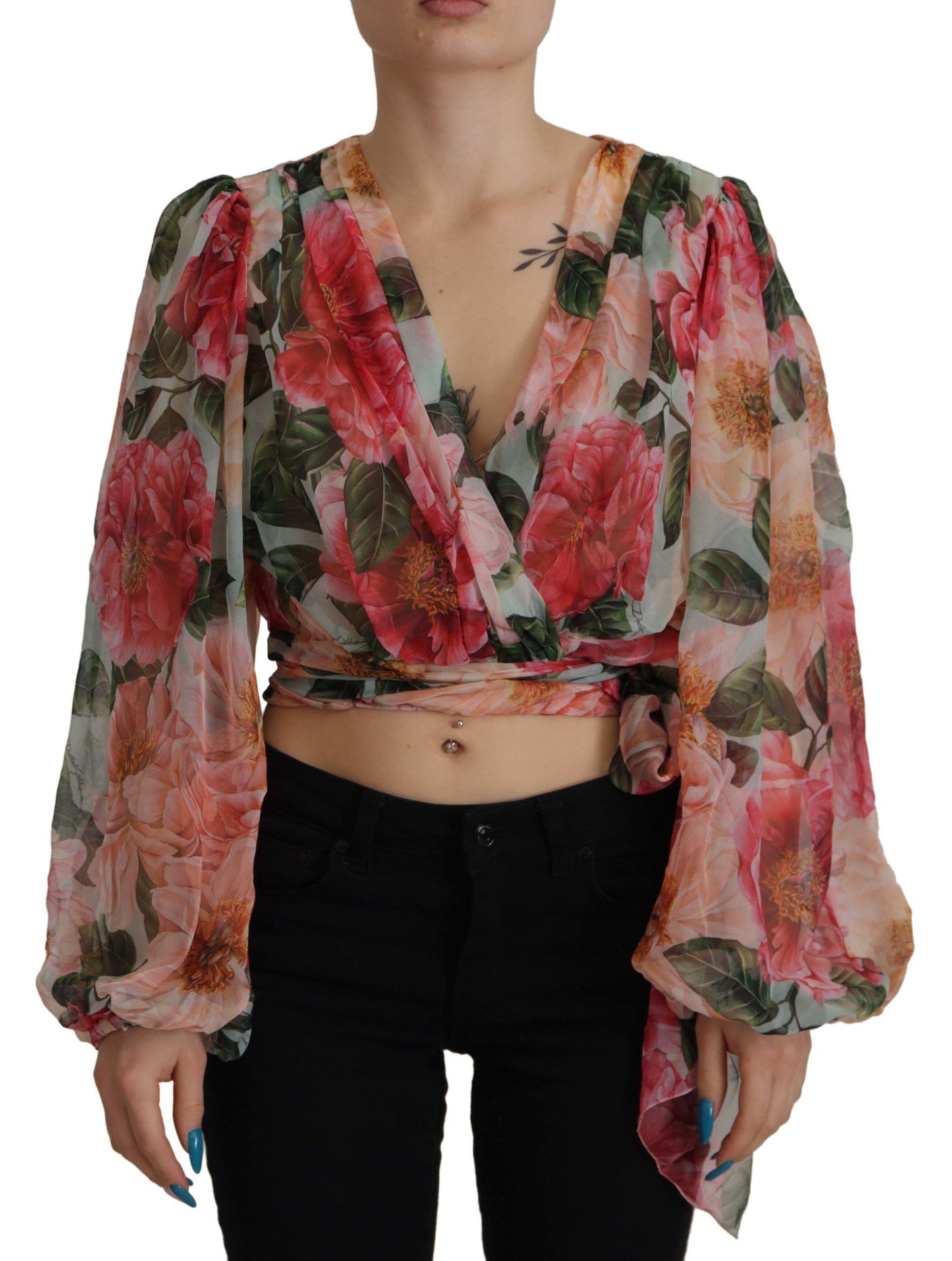 Dolce & Gabbana Multicolor Floral Silk Wrap Blouse Top