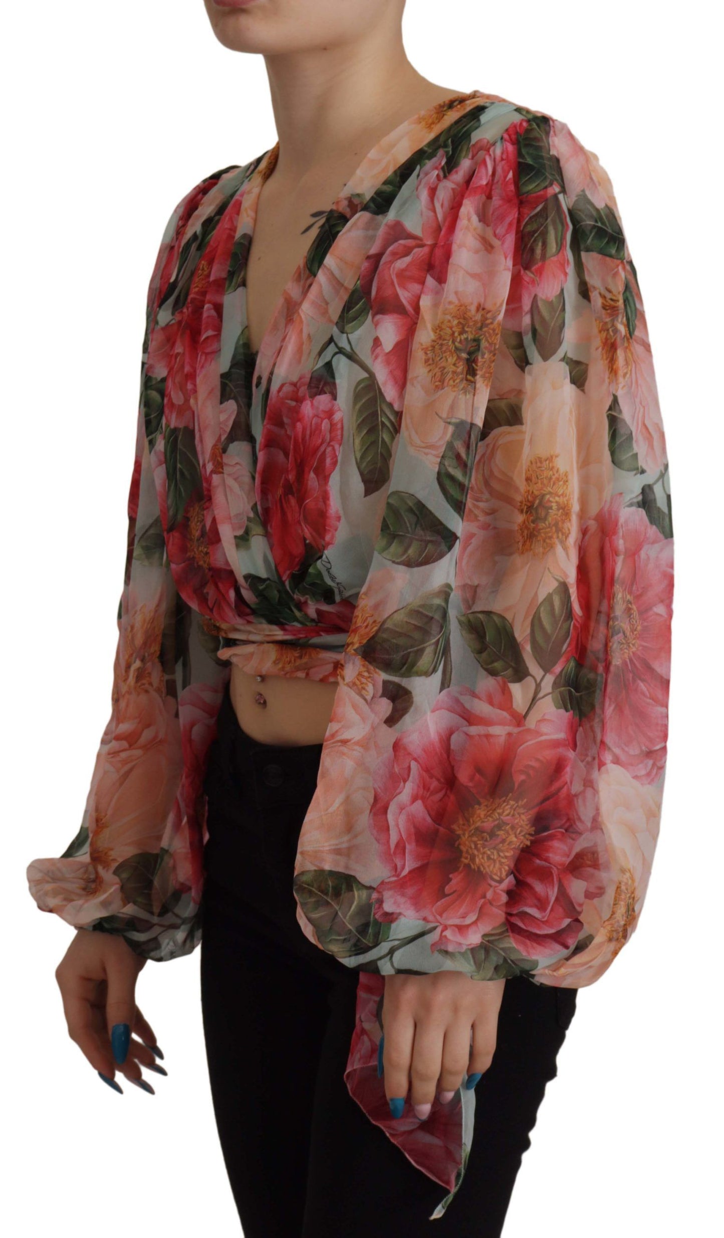 Dolce & Gabbana Multicolor Floral Silk Wrap Blouse Top