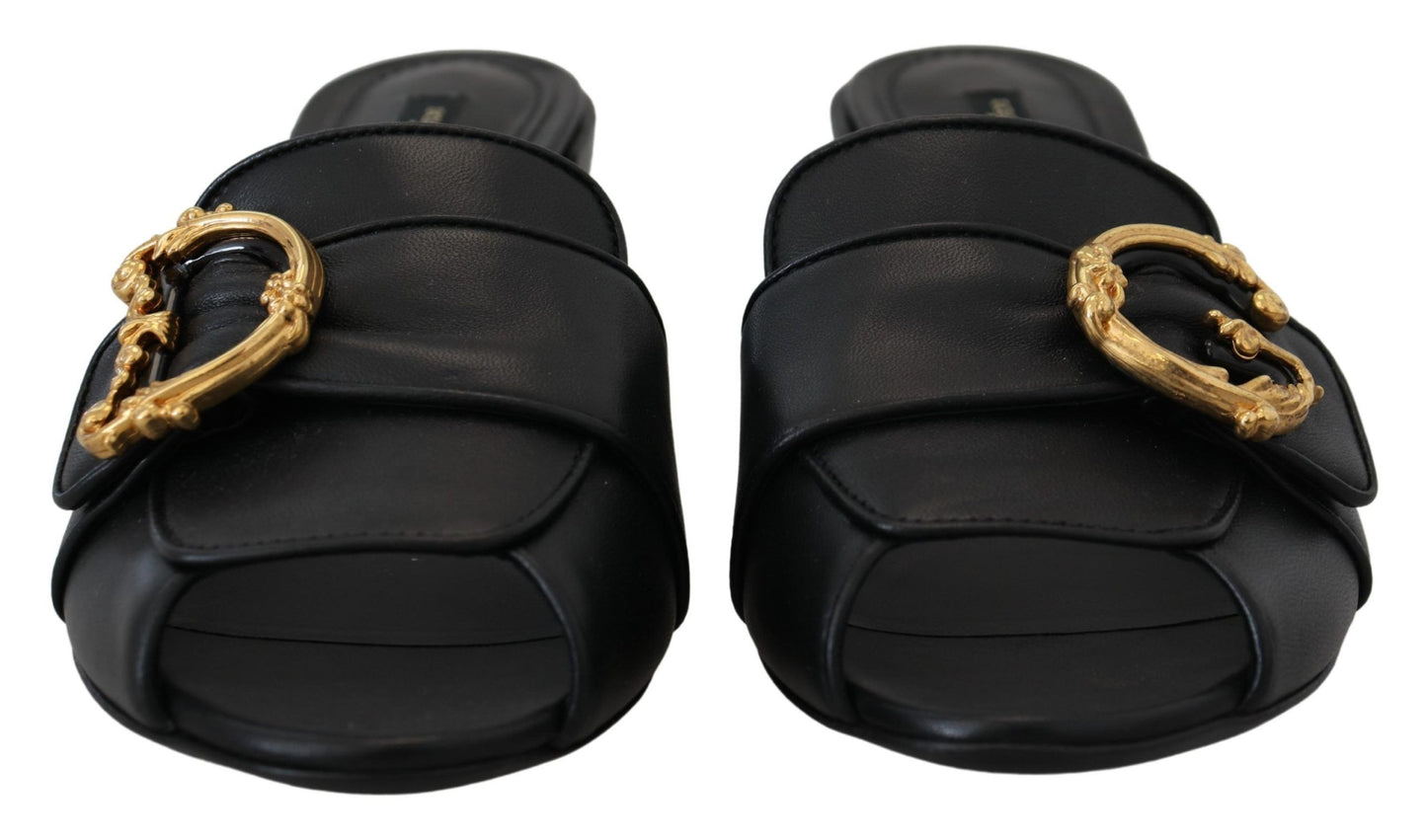 Dolce & Gabbana Elegant Black Leather Sandals with DG Emblem