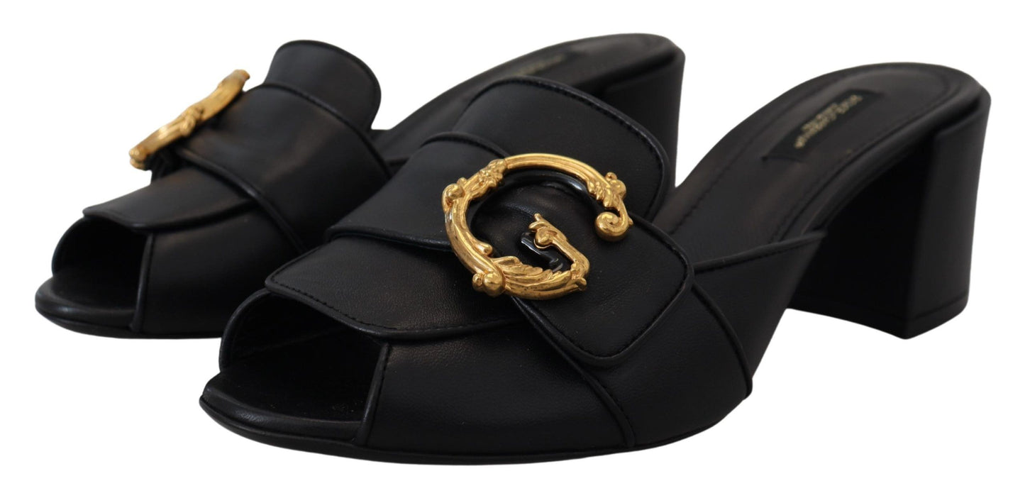 Dolce & Gabbana Elegant Black Leather Sandals with DG Emblem