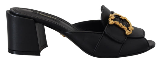 Dolce & Gabbana Elegant Black Leather Sandals with DG Emblem