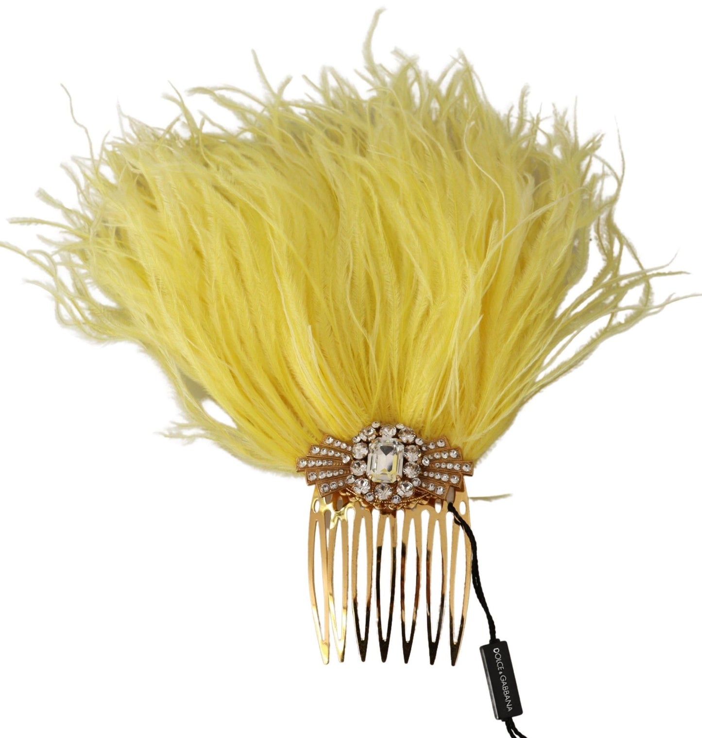 Dolce & Gabbana Crystal Gold Hair Comb with Yellow Ostrich Feather