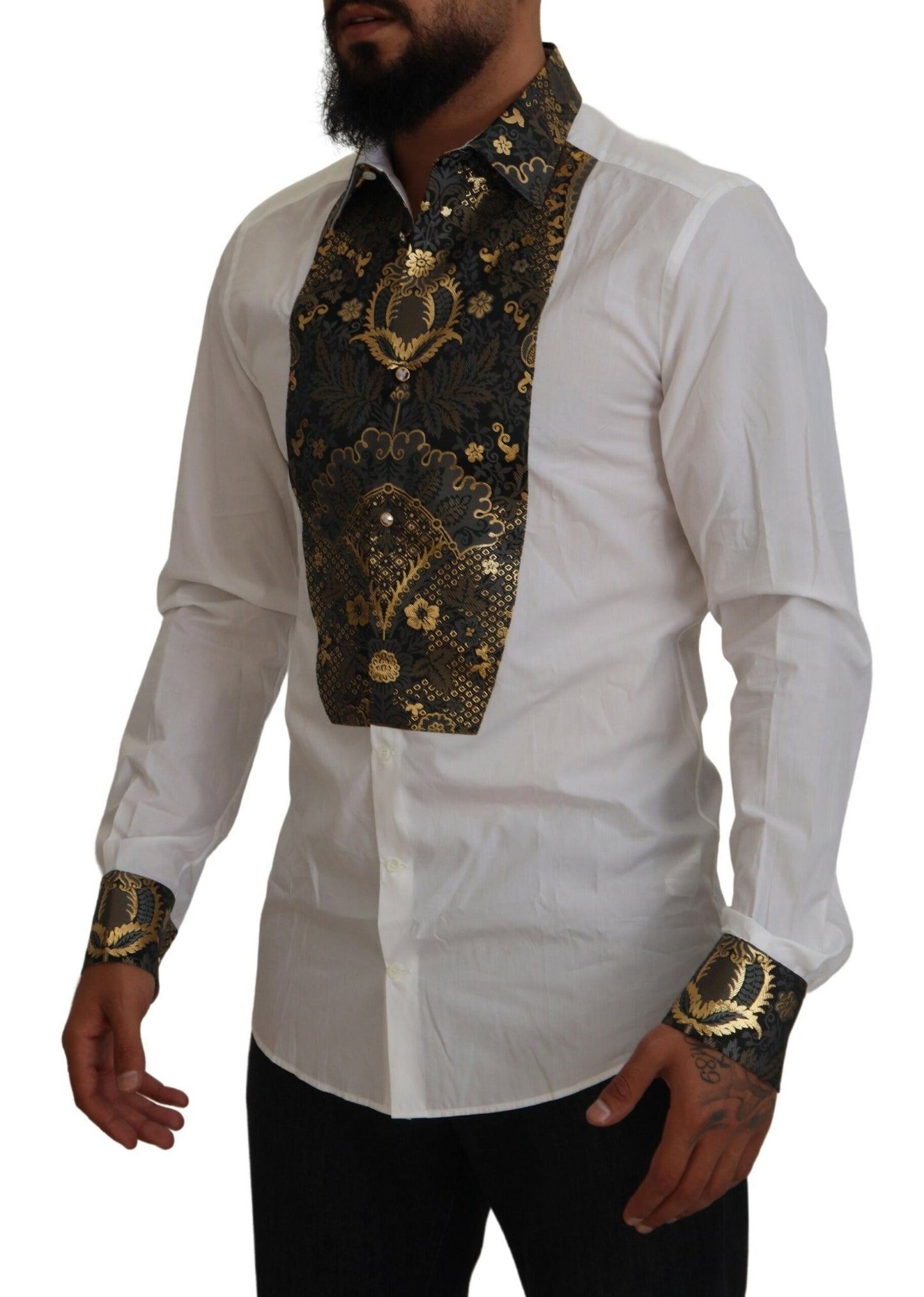 Dolce & Gabbana White Gold Detail Baroque Men's Dress Shirt