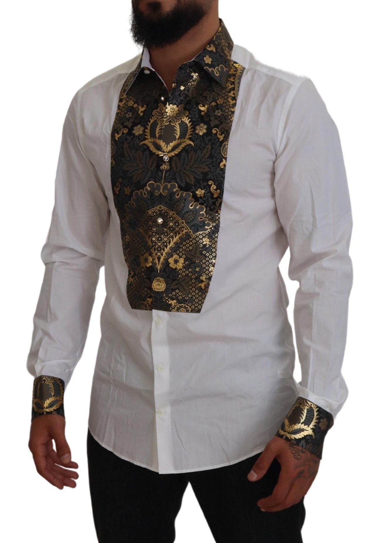 Dolce & Gabbana White Gold Detail Baroque Men's Dress Shirt