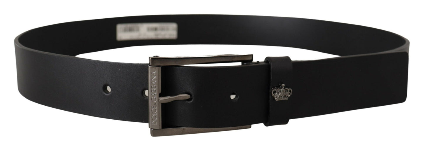 Dolce & Gabbana Black Calf Leather Engraved Crown Logo Buckle Belt