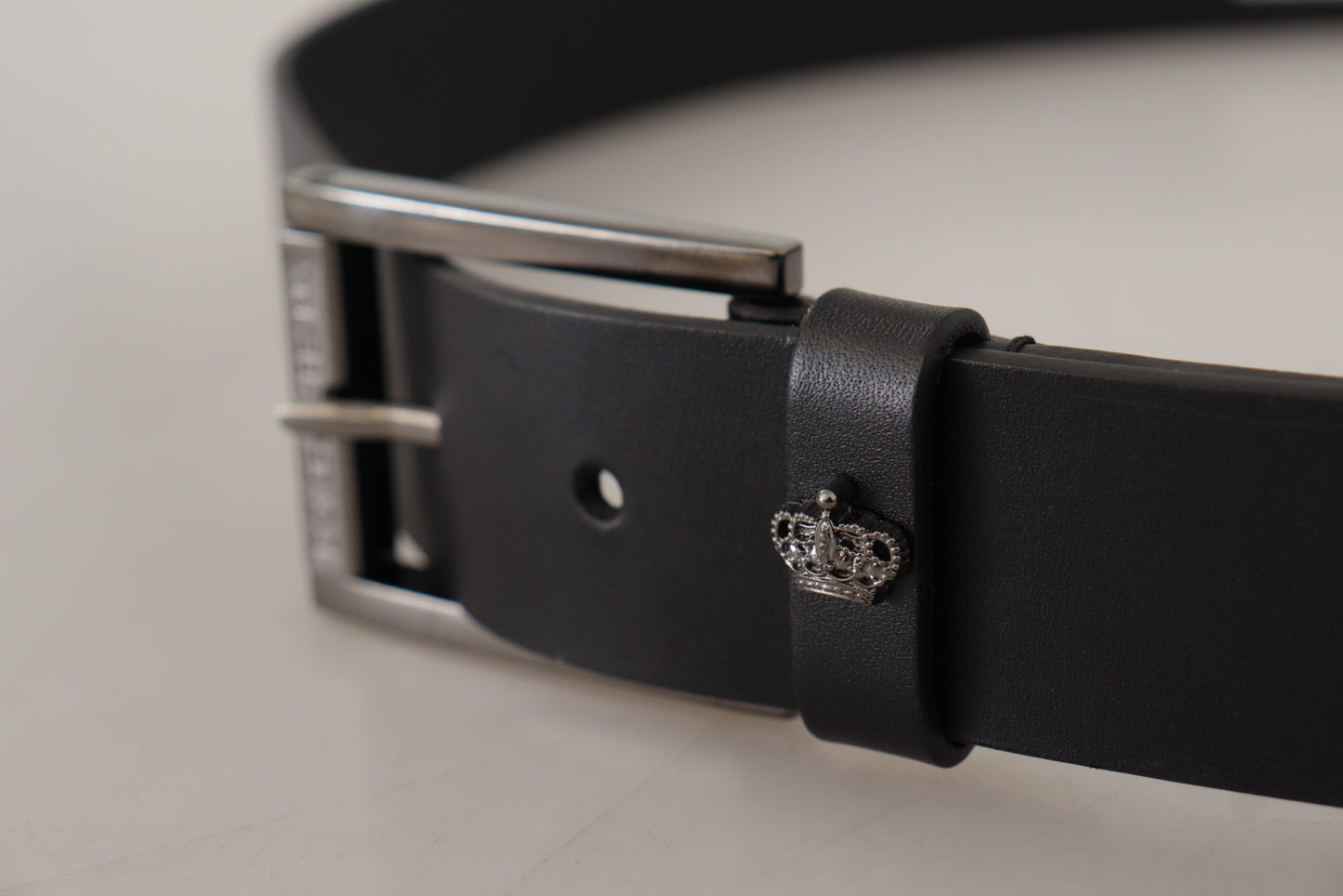 Dolce & Gabbana Black Calf Leather Engraved Crown Logo Buckle Belt