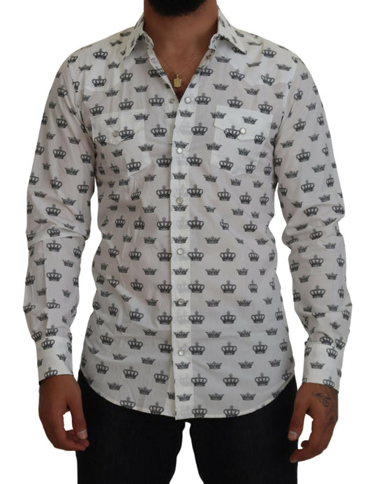 Dolce & Gabbana White Crown Print Slim Fit Cotton Shirt