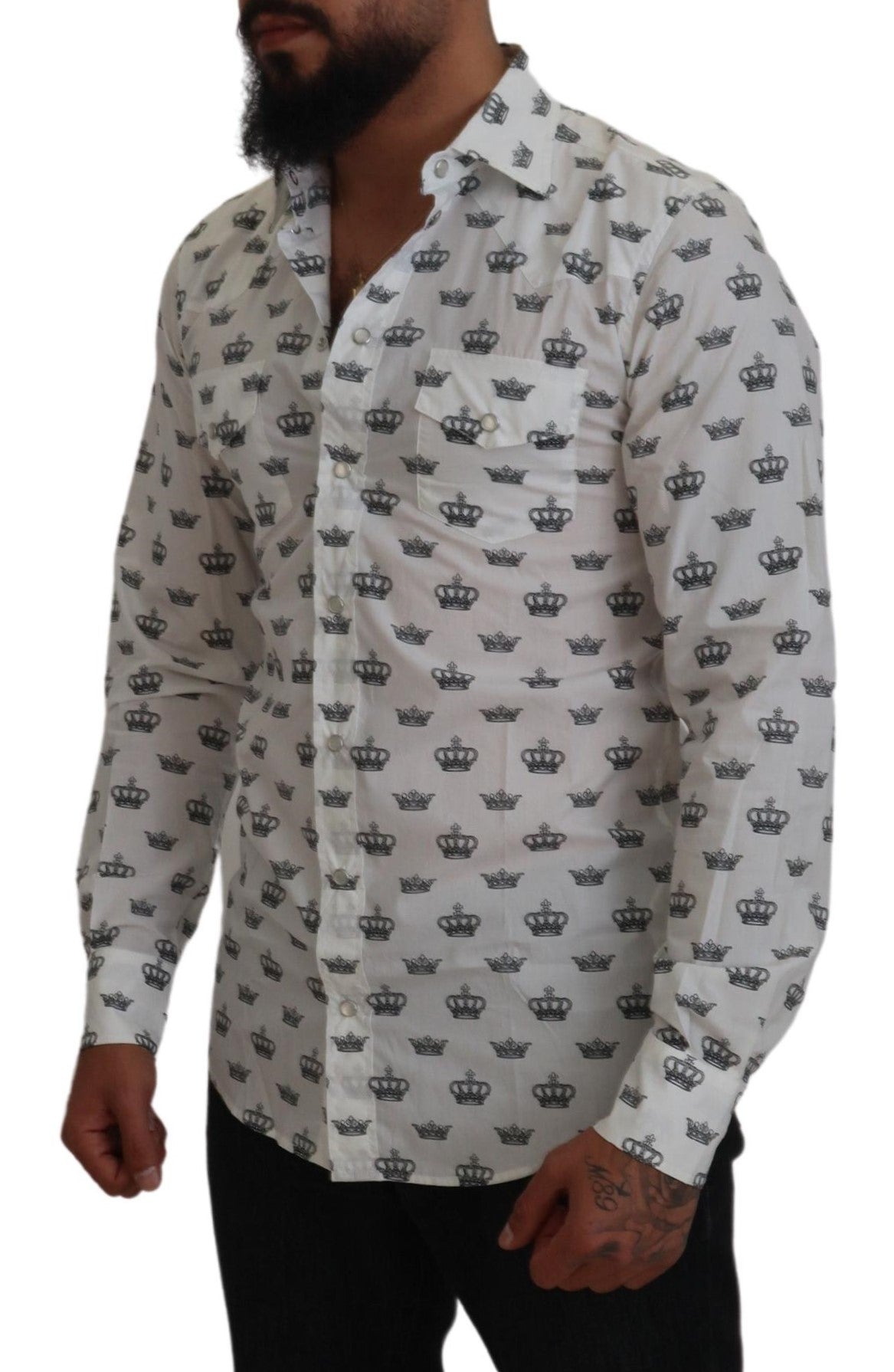 Dolce & Gabbana White Crown Print Slim Fit Cotton Shirt