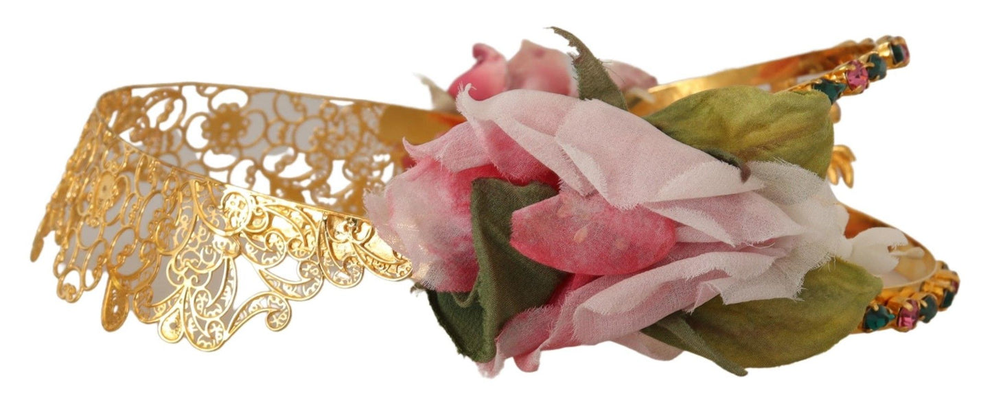 Dolce & Gabbana Elegant Gold Tone Brass Rose Crystal Diadem