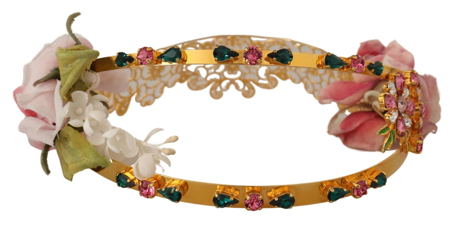 Dolce & Gabbana Elegant Gold Tone Brass Rose Crystal Diadem