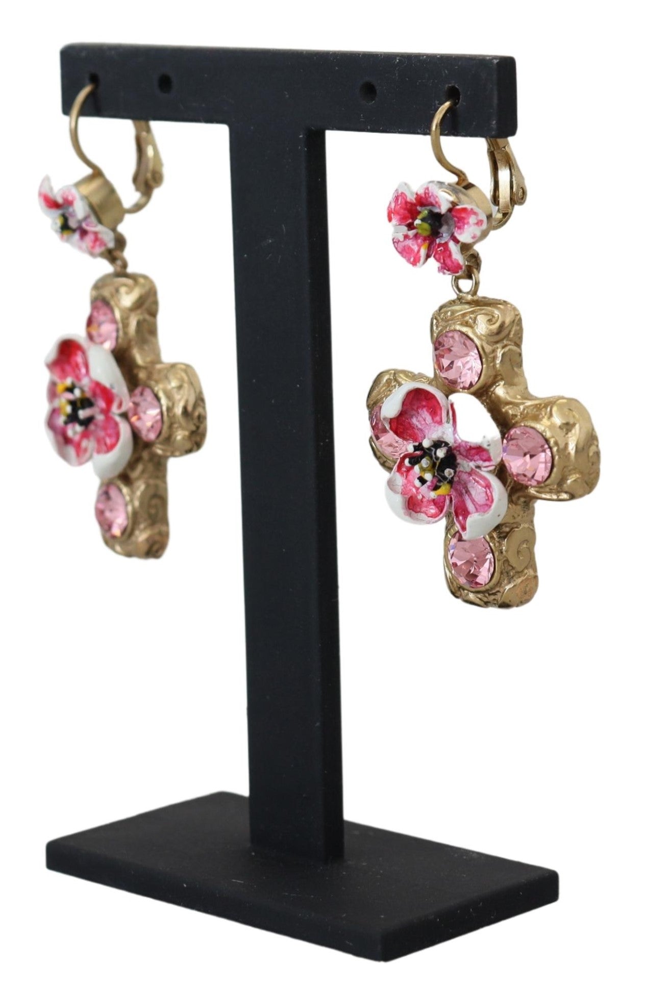 Dolce & Gabbana Gold and Pink Sicily Cross Dangling Earrings