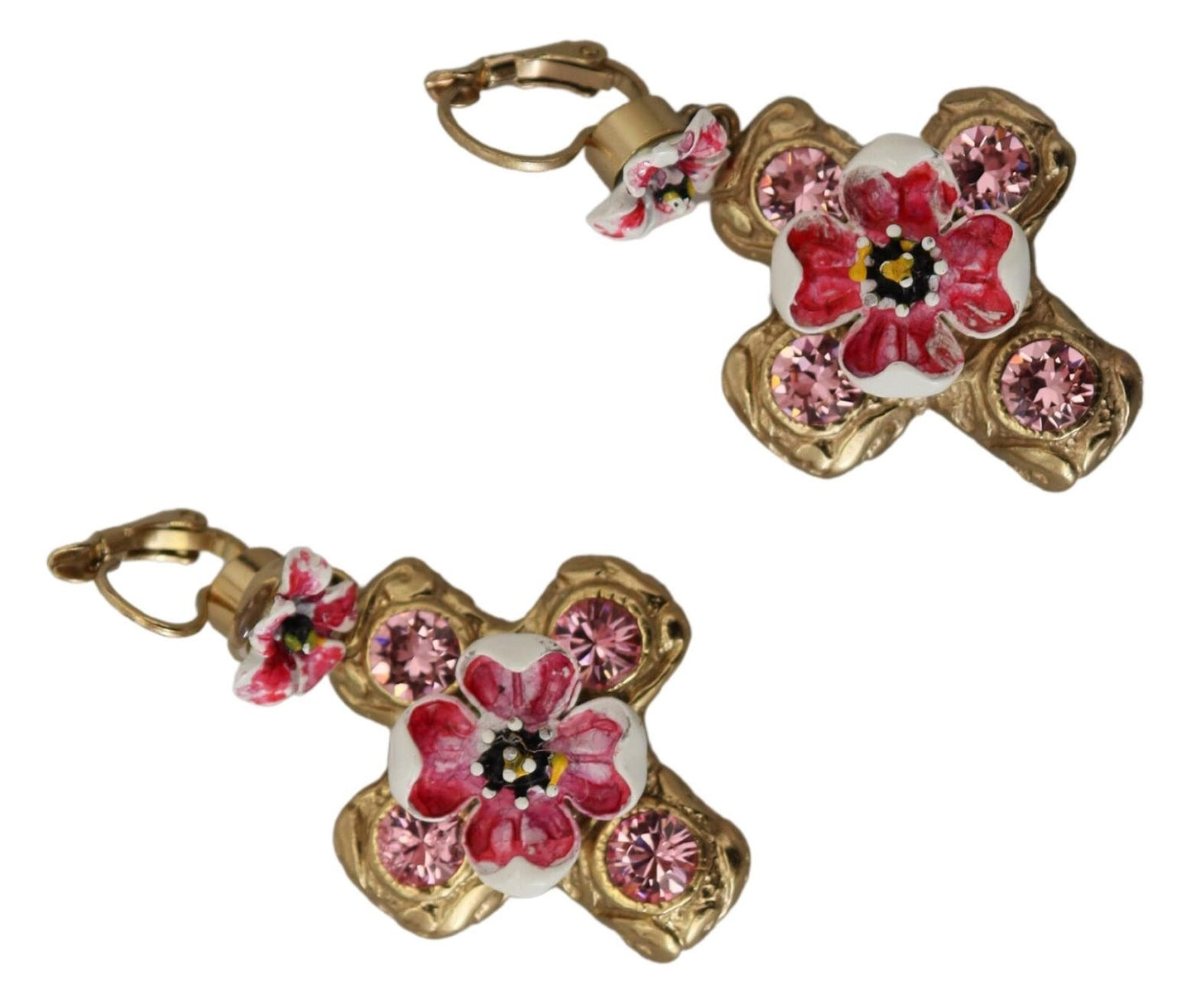 Dolce & Gabbana Gold and Pink Sicily Cross Dangling Earrings