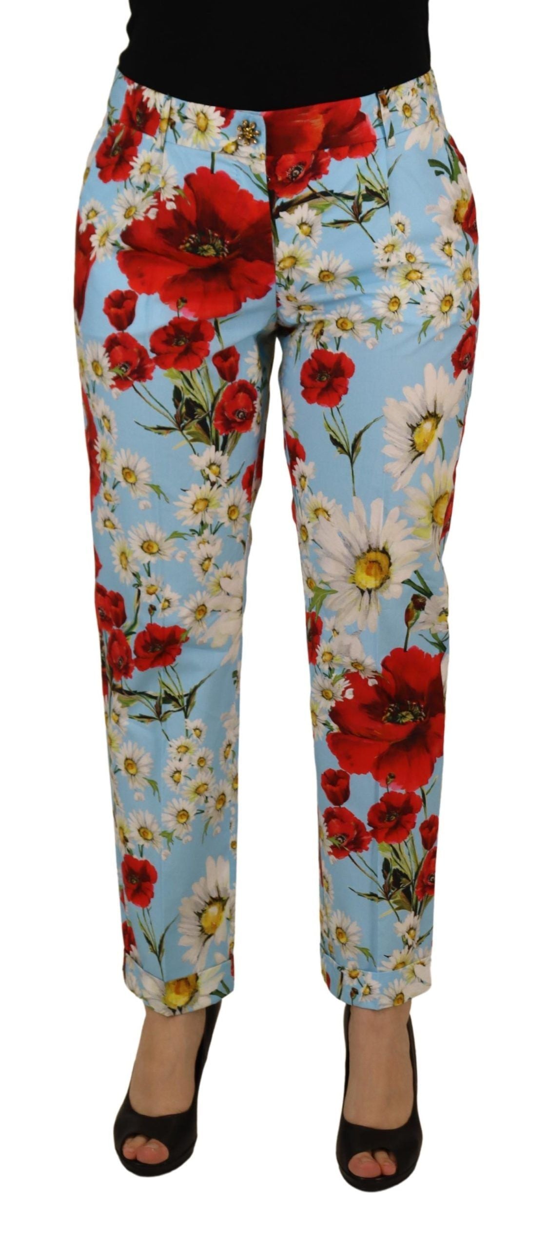 Dolce & Gabbana Light Blue Fiori Print Trouser Straight Pants