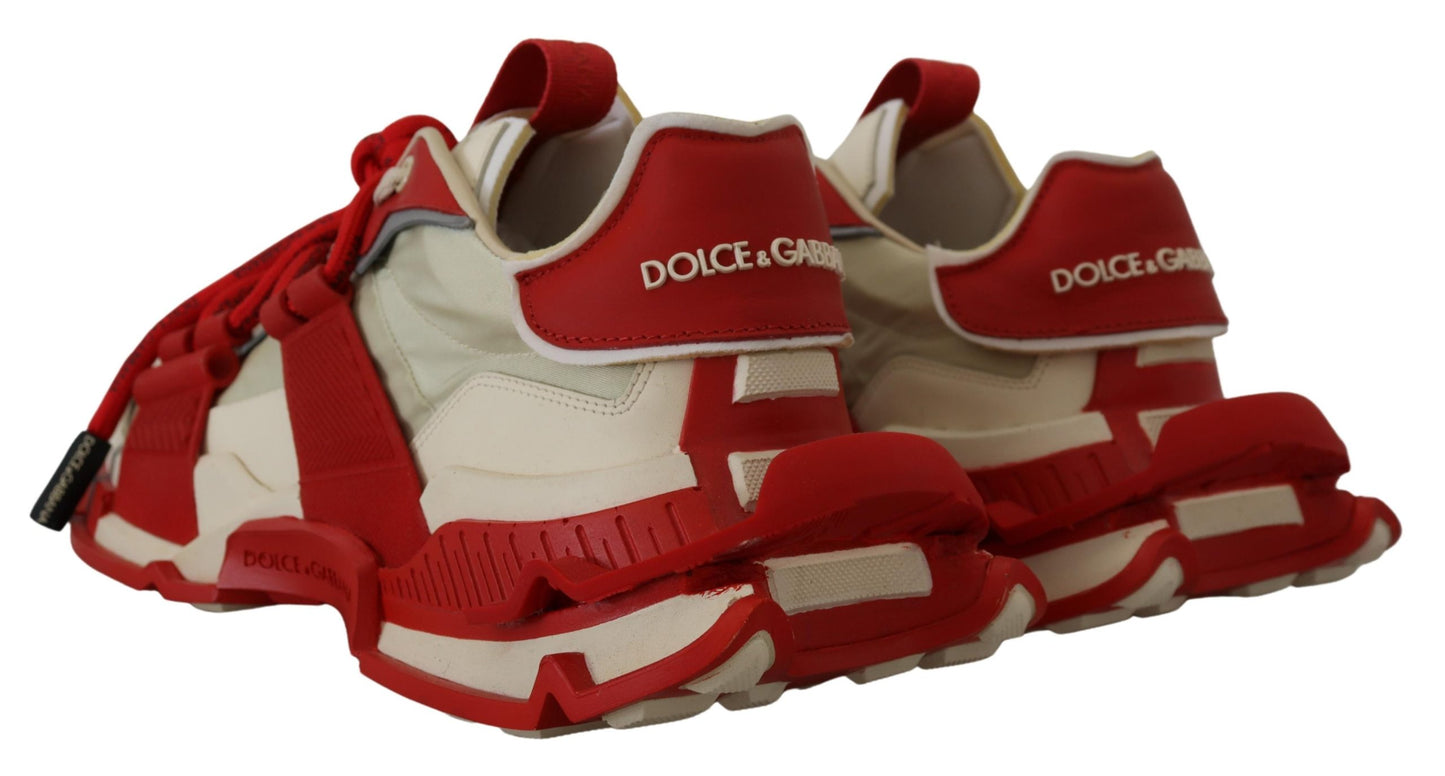 Dolce & Gabbana Red Beige Designer Leather Sneakers