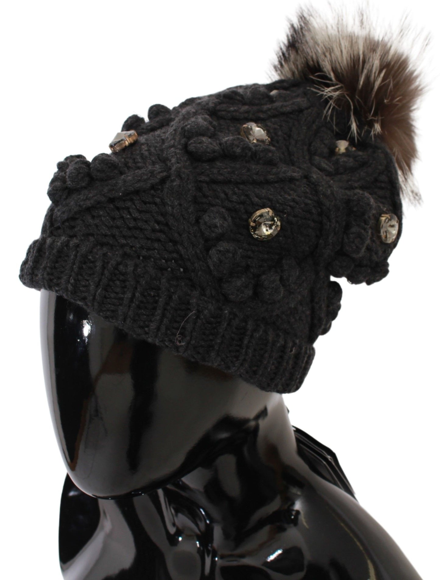 Dolce & Gabbana Elegant Gray Fur Crystal Beanie