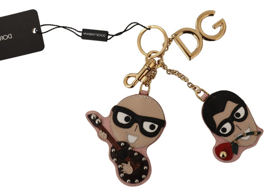 Dolce & Gabbana Elegant Beige Leather Keyring with Gold Accents