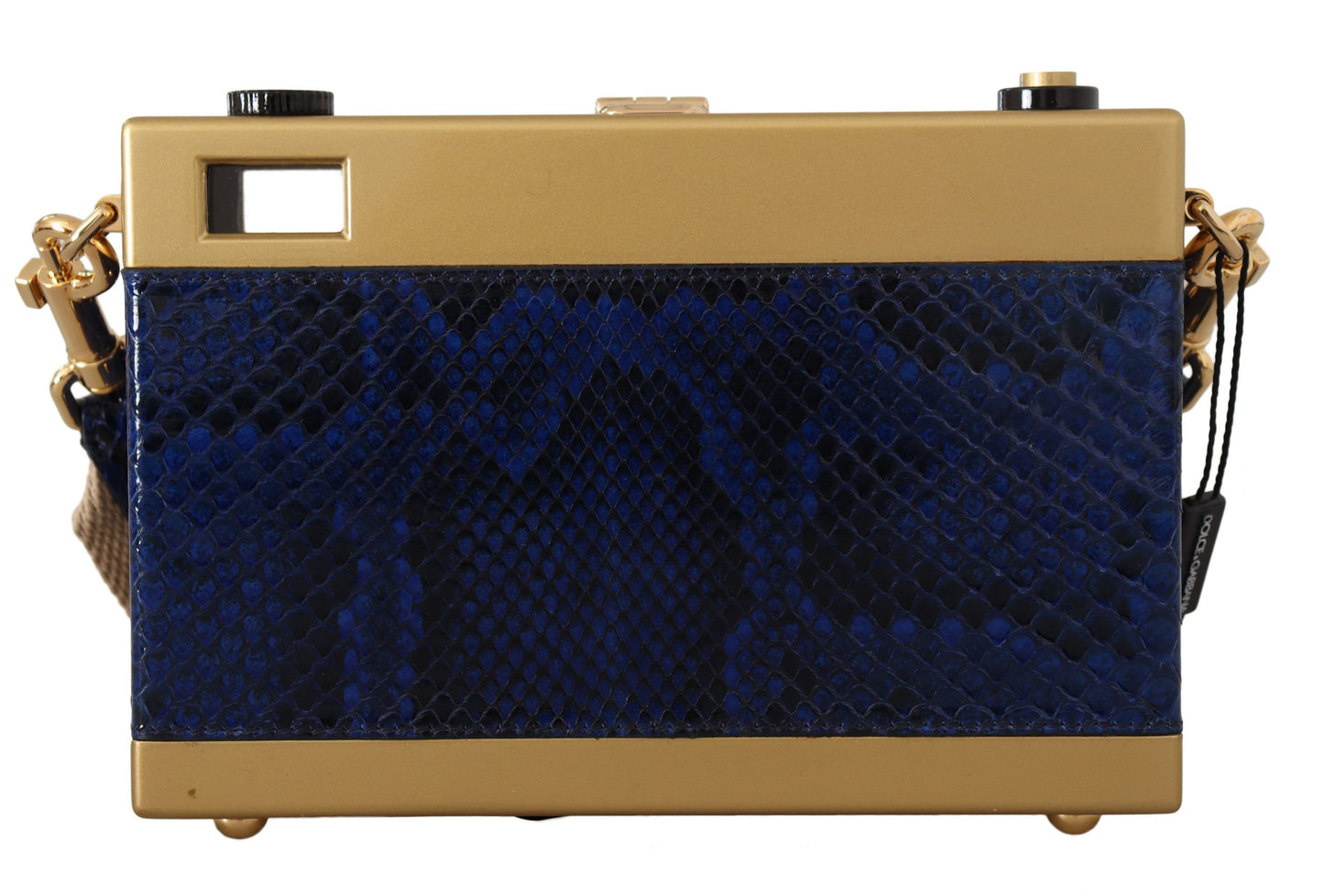 Dolce & Gabbana Elegant Blue Gold Wood Camera Box Bag