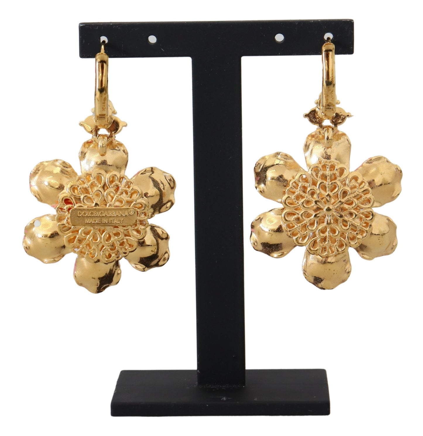 Dolce & Gabbana Elegant Gold & Pink Floral Dangling Earrings