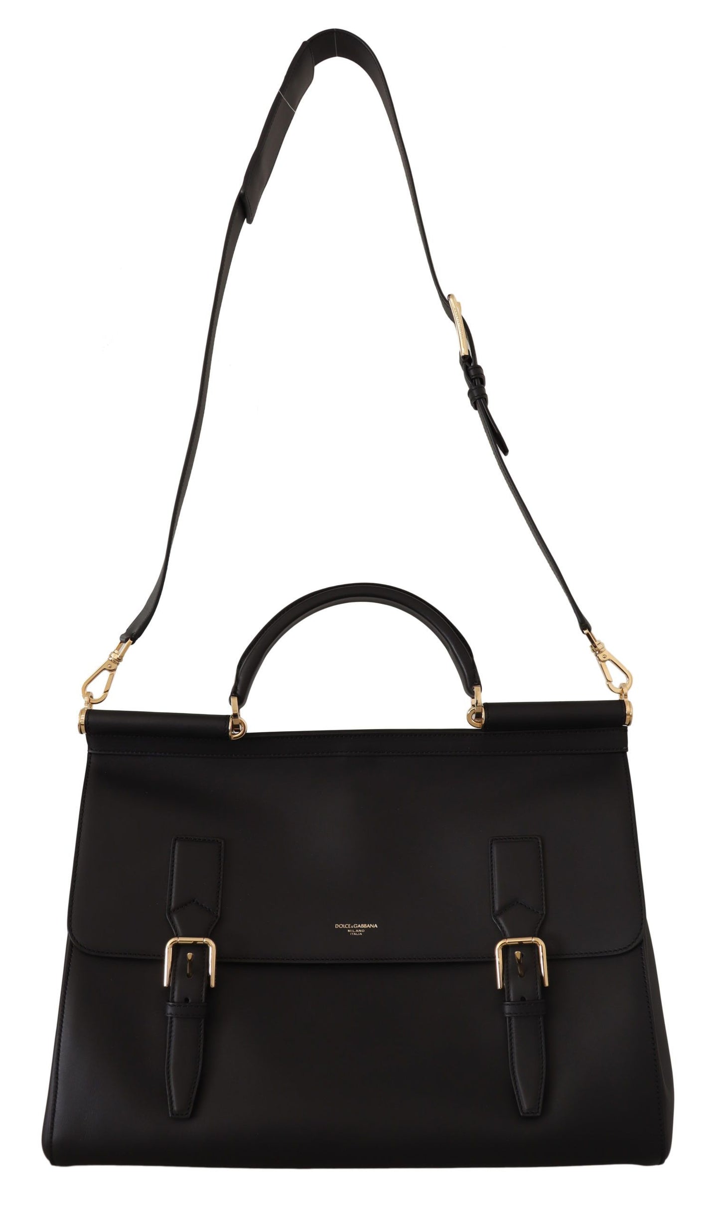 Dolce & Gabbana Elegant XL Sicily Black Leather Bag with Gold Accents