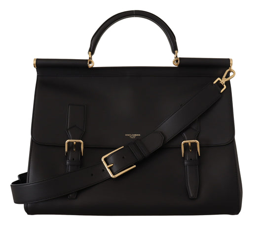 Dolce & Gabbana Elegant XL Sicily Black Leather Bag with Gold Accents