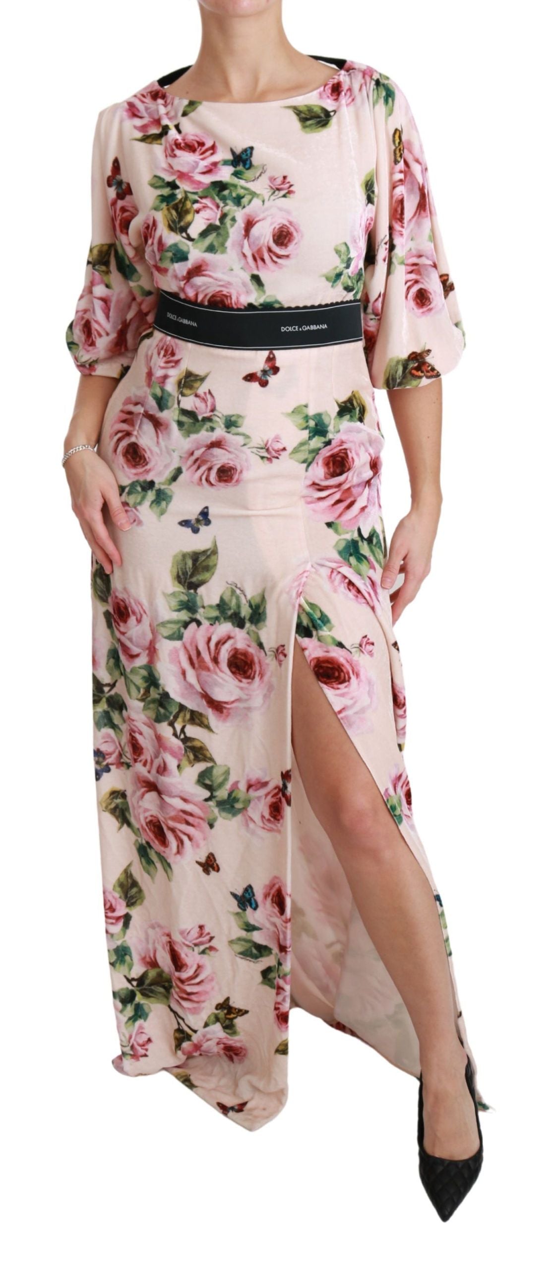 Dolce & Gabbana Elegant Pink Velvet Rose Print Maxi Dress