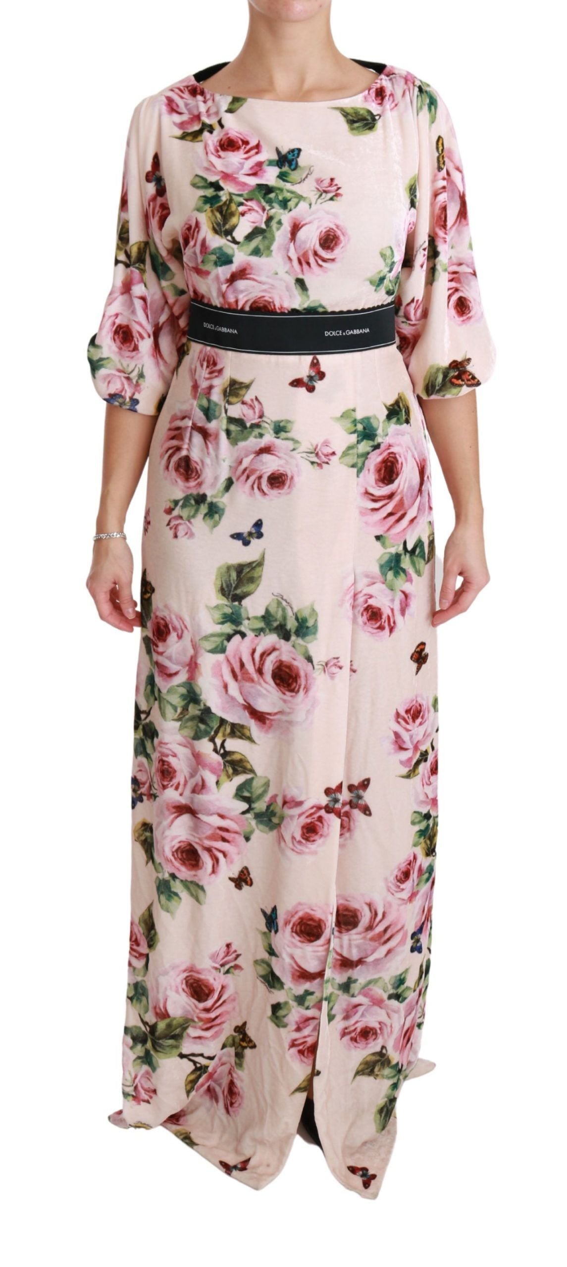 Dolce & Gabbana Elegant Pink Velvet Rose Print Maxi Dress