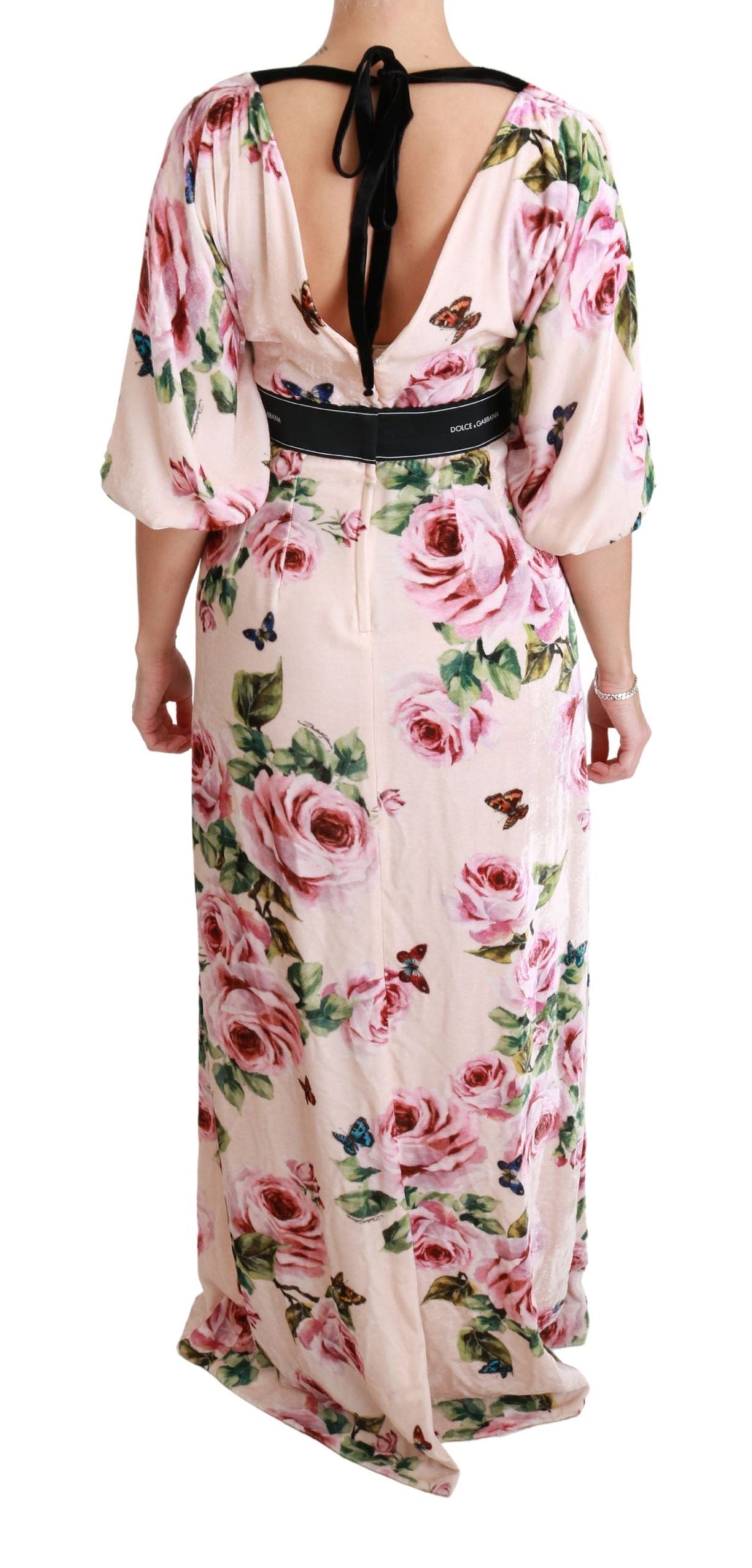 Dolce & Gabbana Elegant Pink Velvet Rose Print Maxi Dress