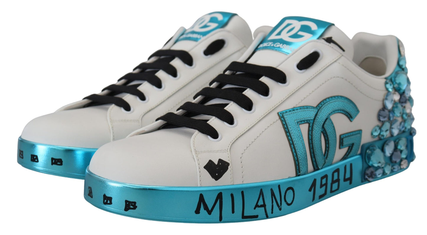 Dolce & Gabbana Elegant White and Blue Leather Sneakers