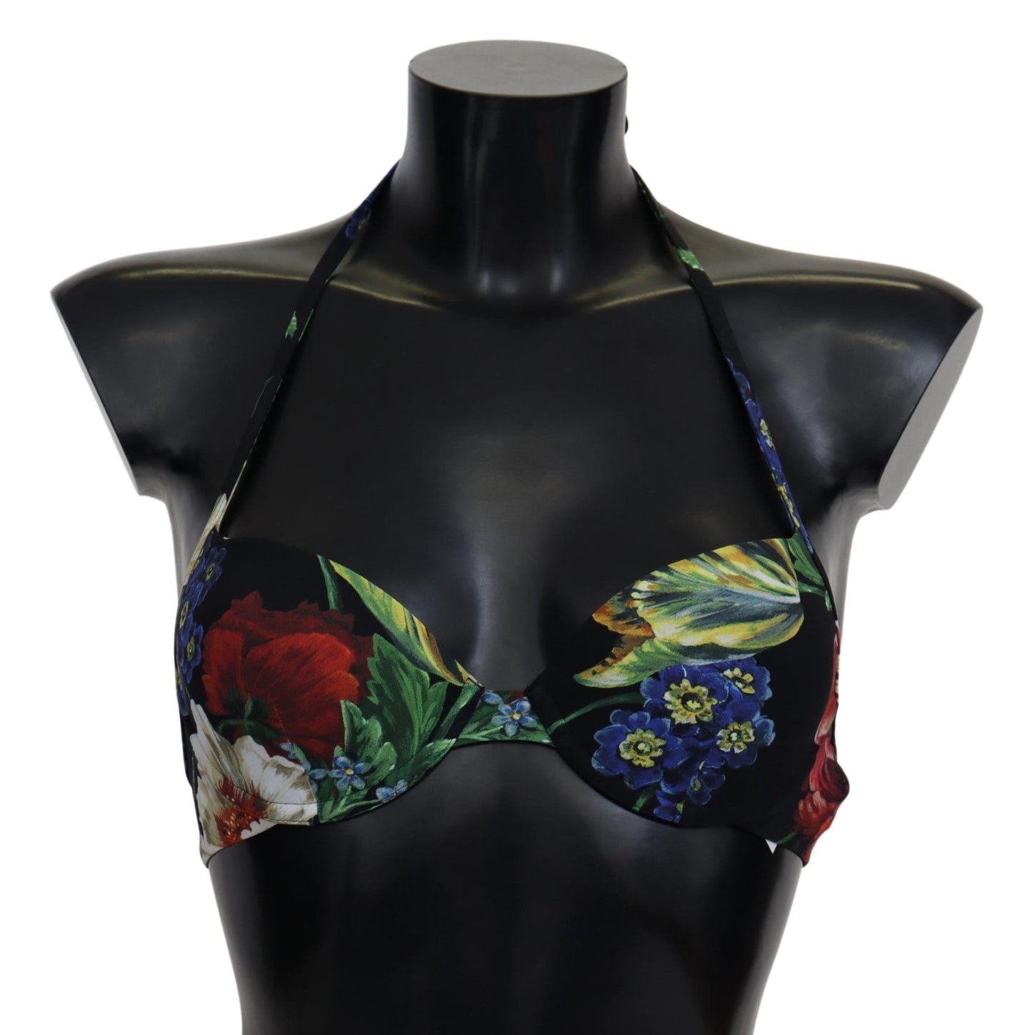 Dolce & Gabbana Black Floral Print Nylon Swimwear Bikini Tops