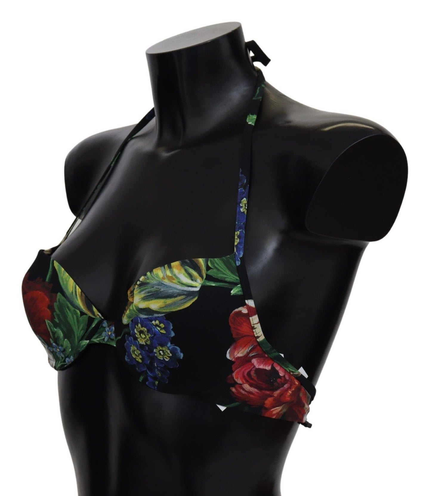 Dolce & Gabbana Black Floral Print Nylon Swimwear Bikini Tops