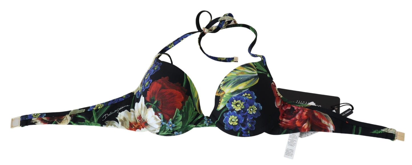 Dolce & Gabbana Black Floral Print Nylon Swimwear Bikini Tops