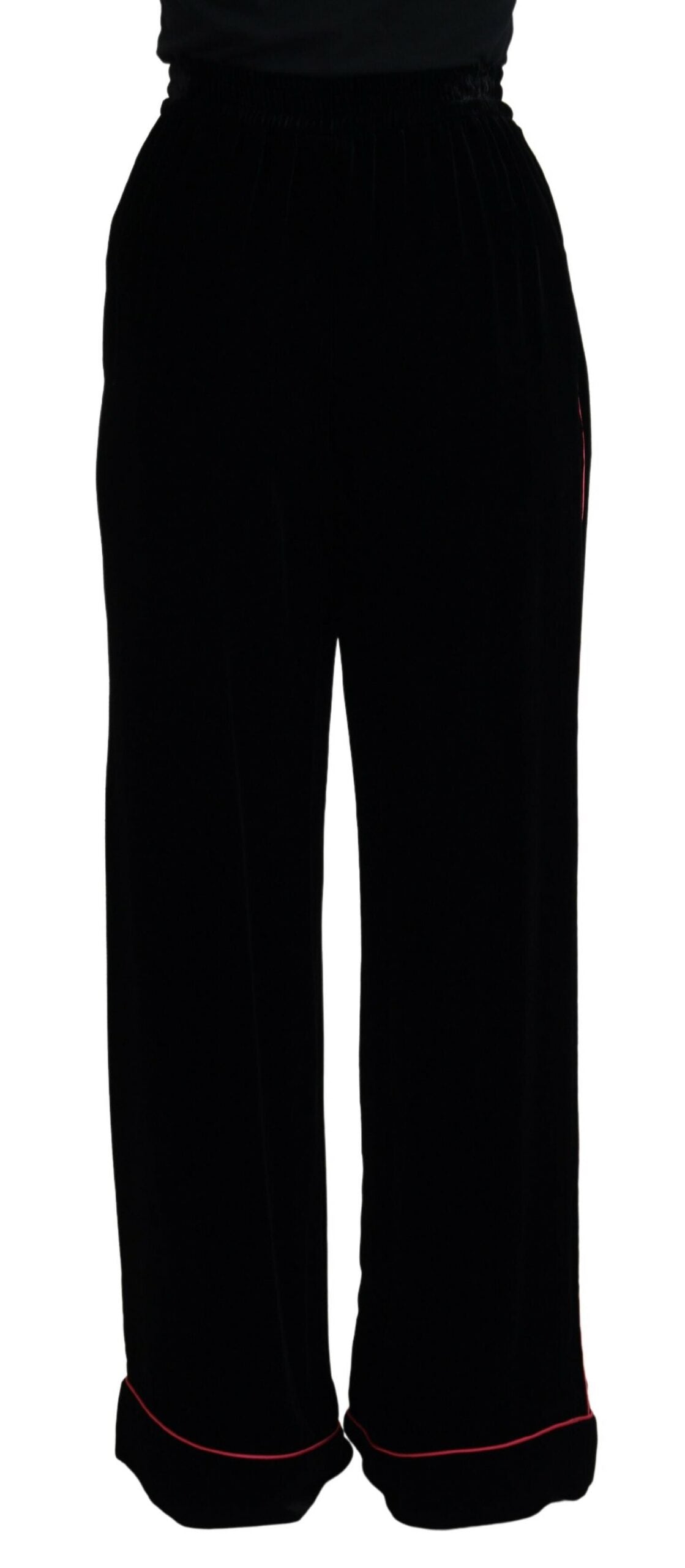 Dolce & Gabbana Sleek Black Velvet High-Waist Pants with Pink Stripes