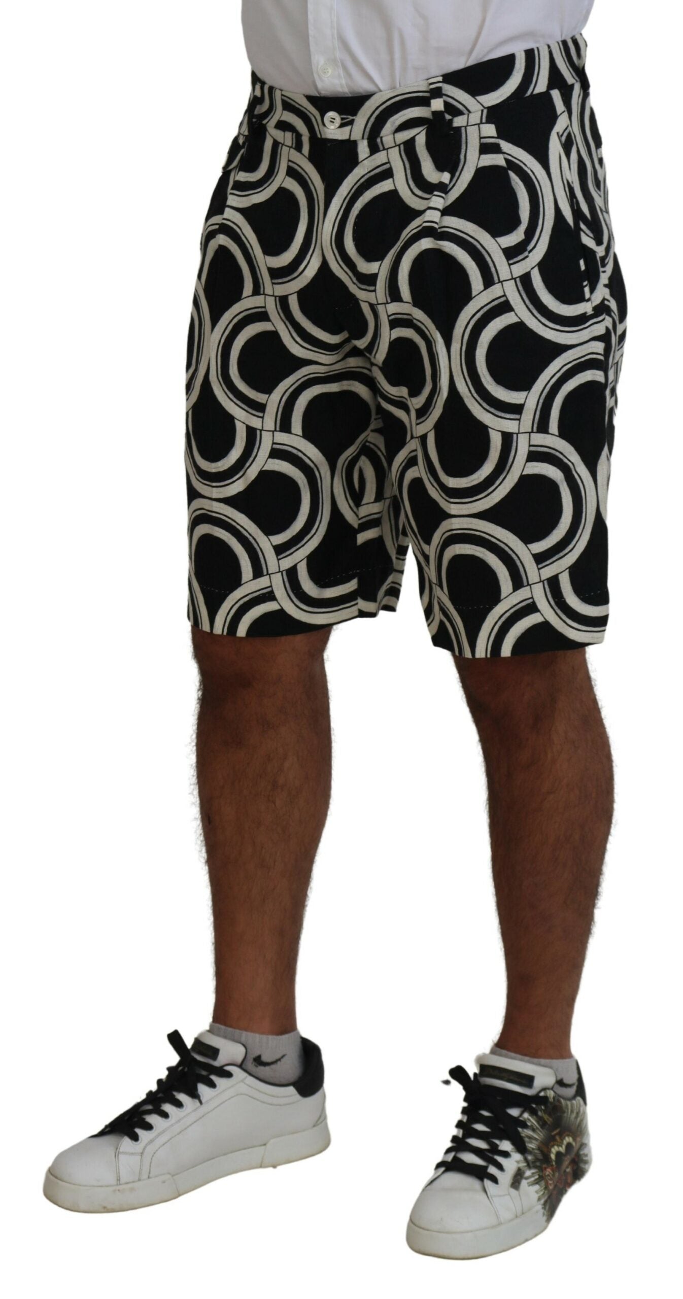 Dolce & Gabbana Black White Patterned Linen Bermuda Shorts