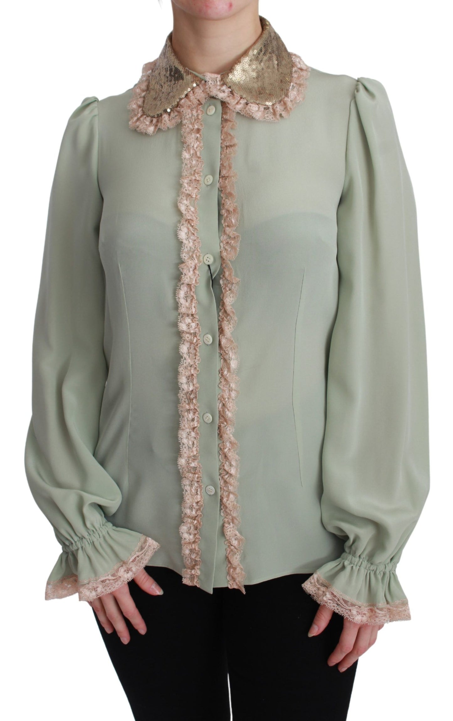 Dolce & Gabbana Elegant Mint Green Silk Blend Sequin Collar Top