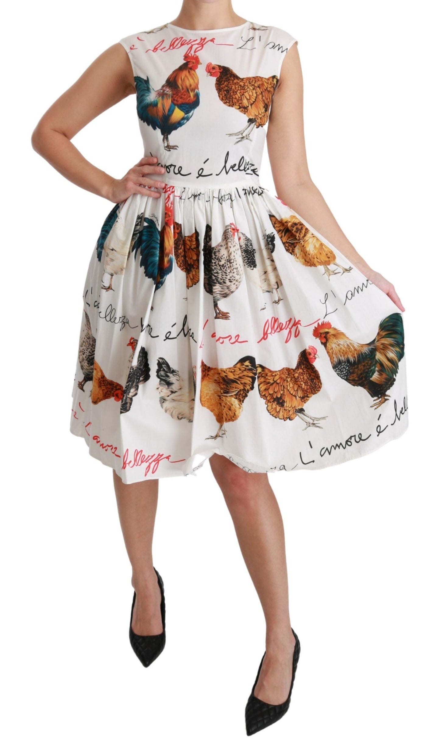 Dolce & Gabbana White A-Line Mini Dress with Rooster Print