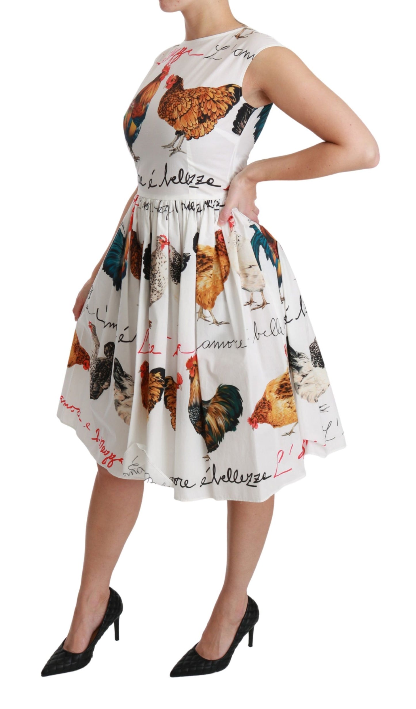 Dolce & Gabbana White A-Line Mini Dress with Rooster Print