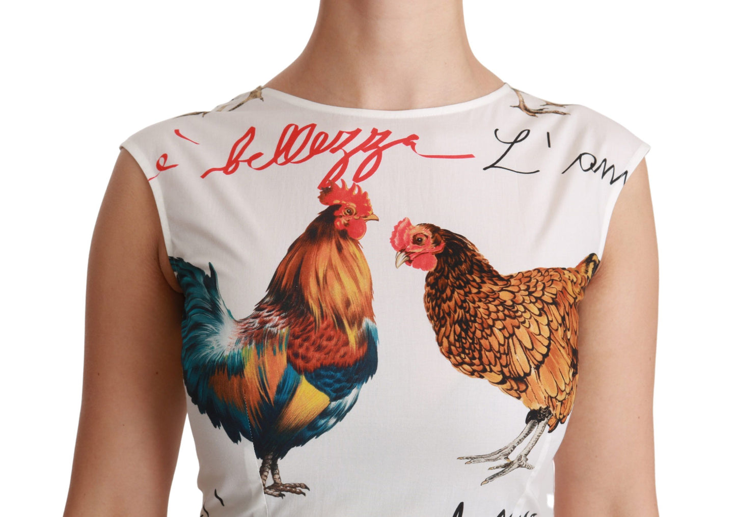 Dolce & Gabbana White A-Line Mini Dress with Rooster Print