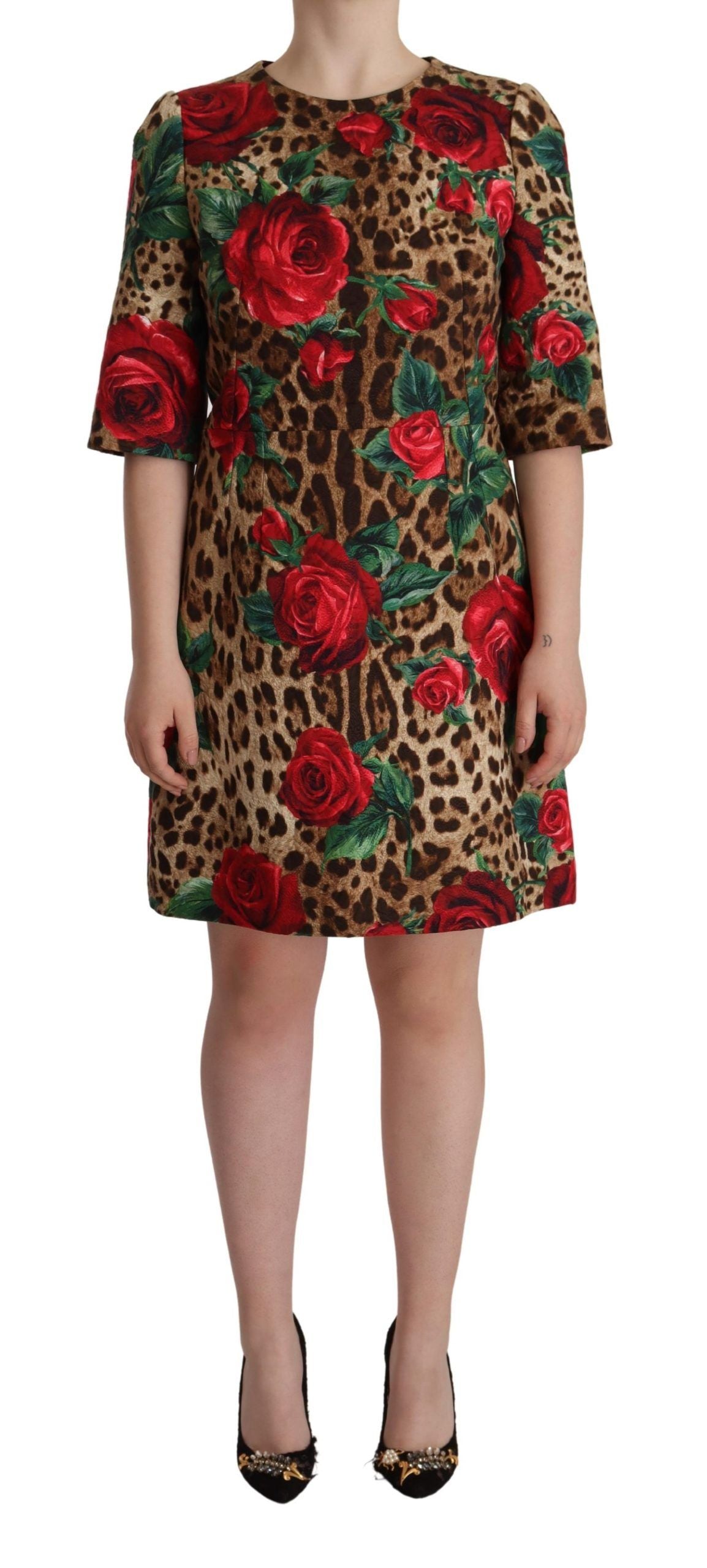 Dolce & Gabbana Elegant Leopard & Rose Print Shift Dress