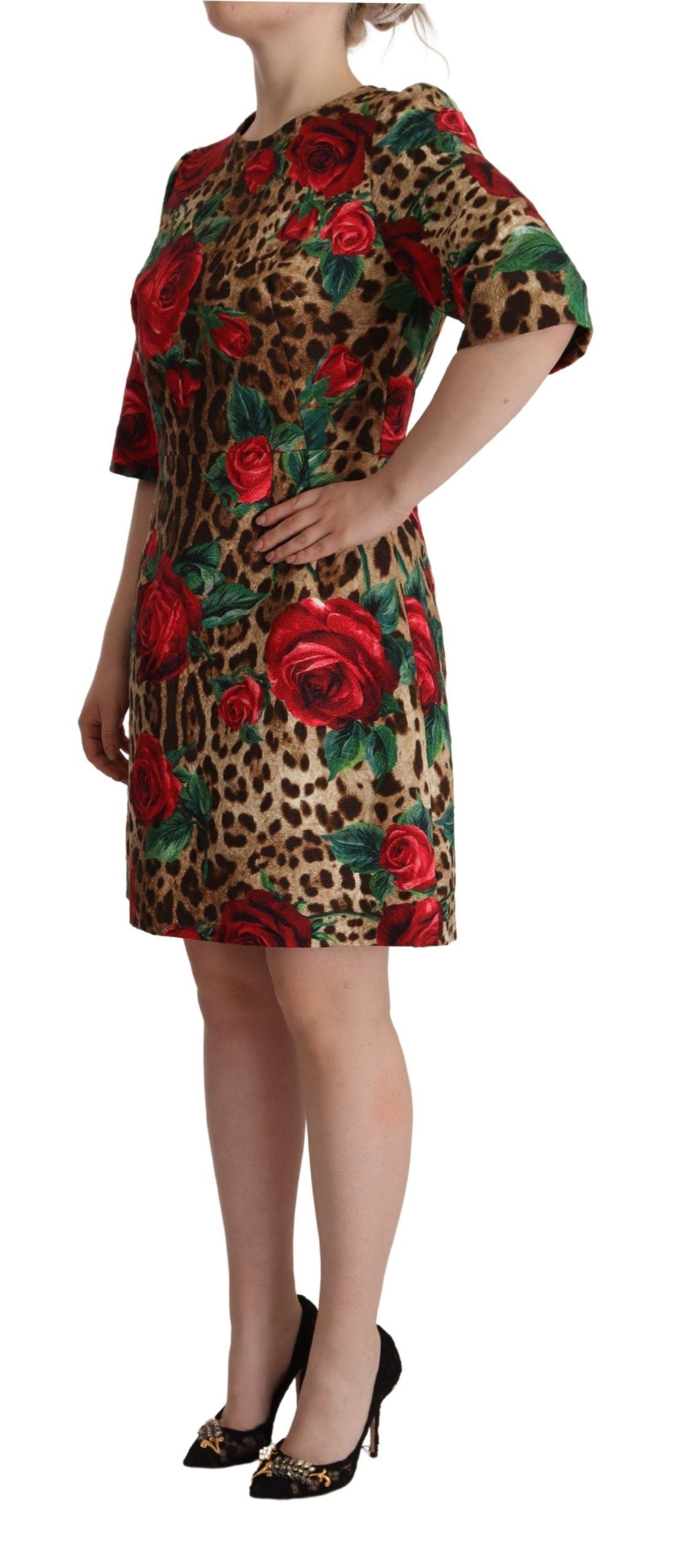 Dolce & Gabbana Elegant Leopard & Rose Print Shift Dress