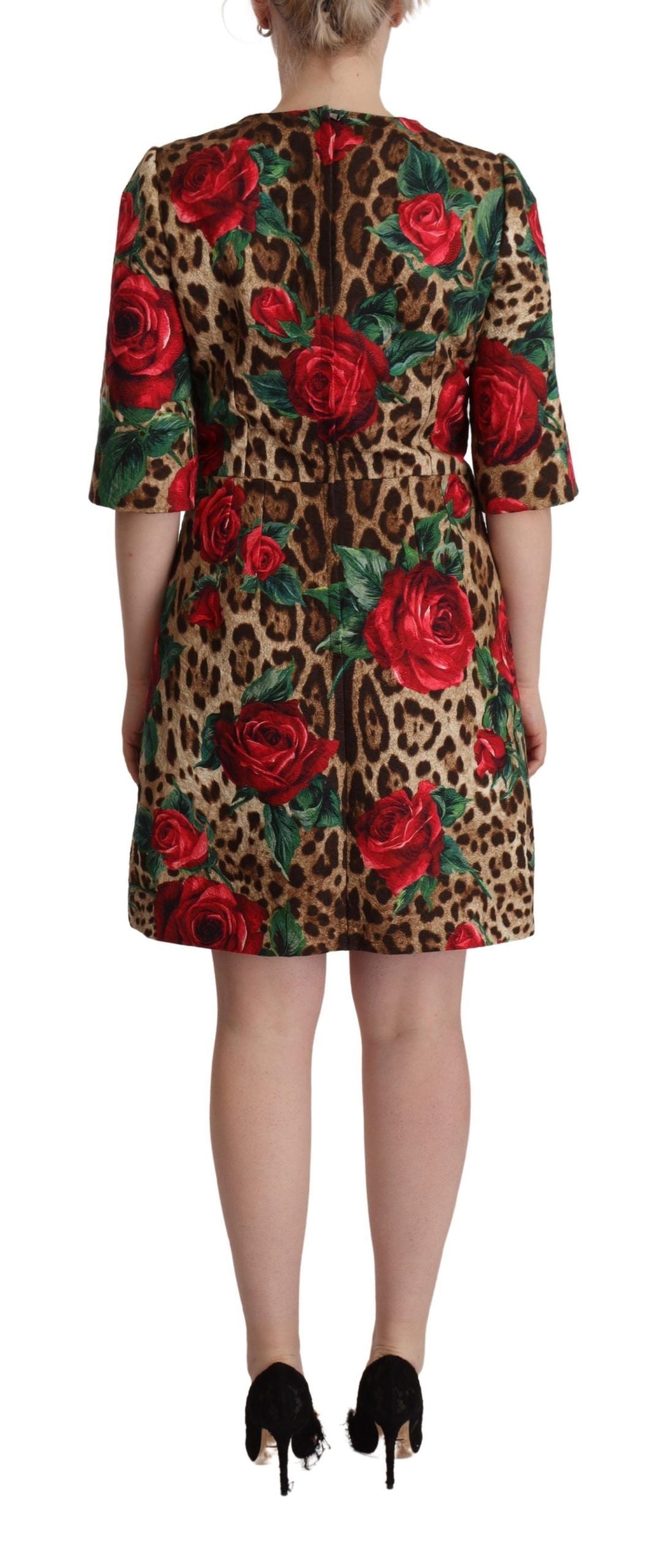 Dolce & Gabbana Elegant Leopard & Rose Print Shift Dress