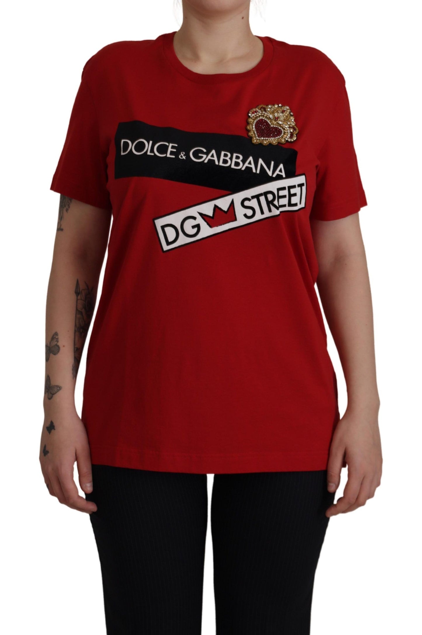 Dolce & Gabbana Red Cotton Round Neck Tee with Crown Print