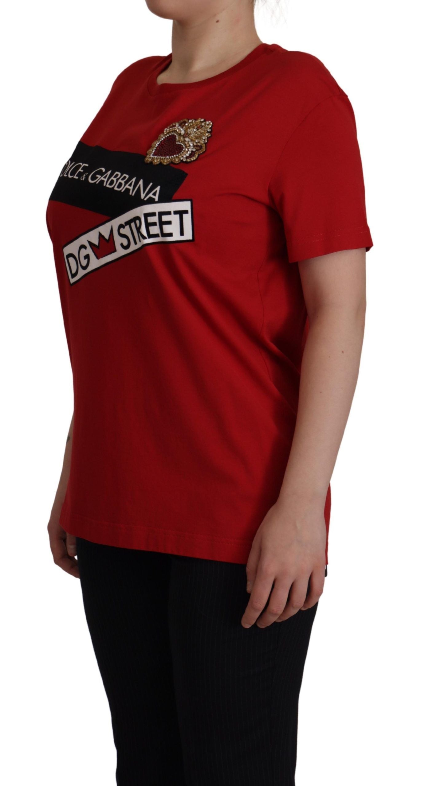 Dolce & Gabbana Red Cotton Round Neck Tee with Crown Print