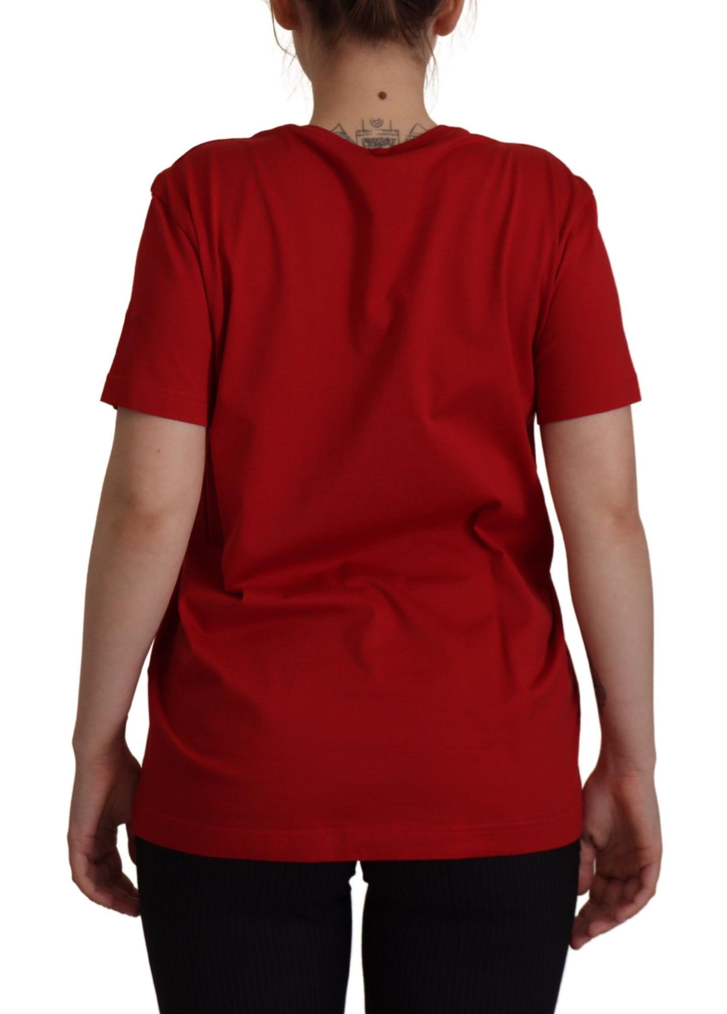 Dolce & Gabbana Red Cotton Round Neck Tee with Crown Print