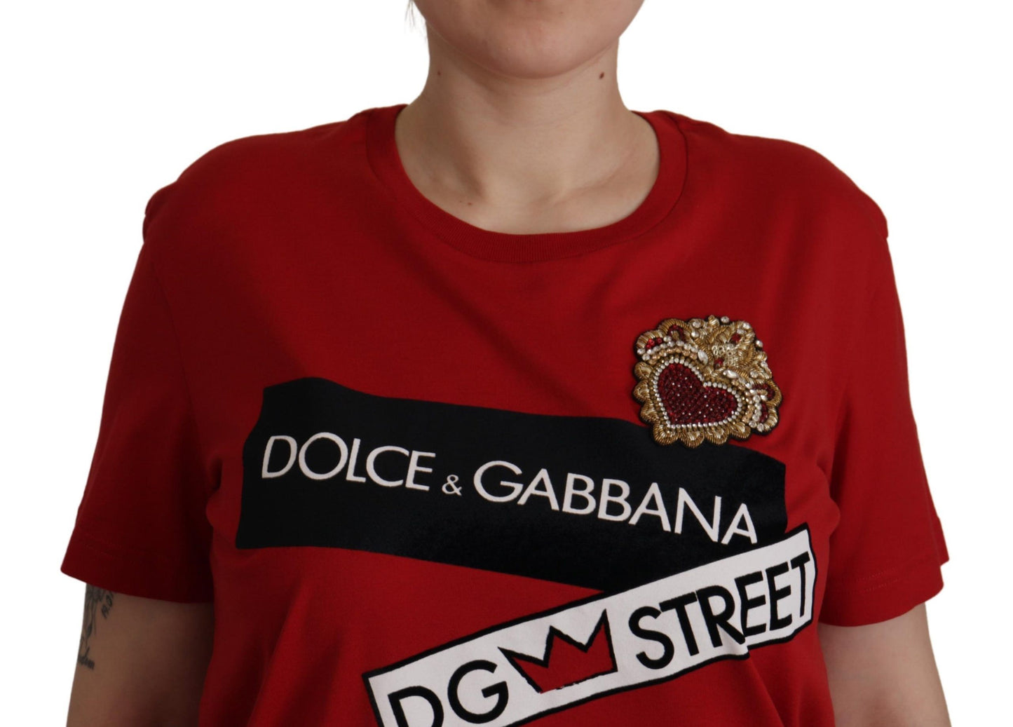 Dolce & Gabbana Red Cotton Round Neck Tee with Crown Print