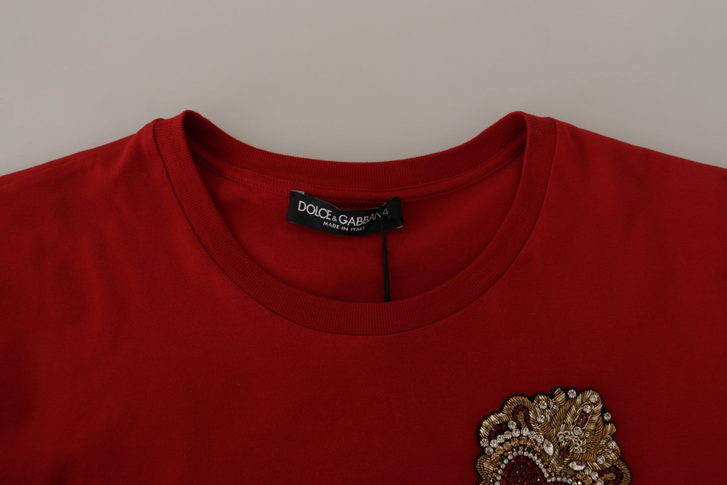 Dolce & Gabbana Red Cotton Round Neck Tee with Crown Print